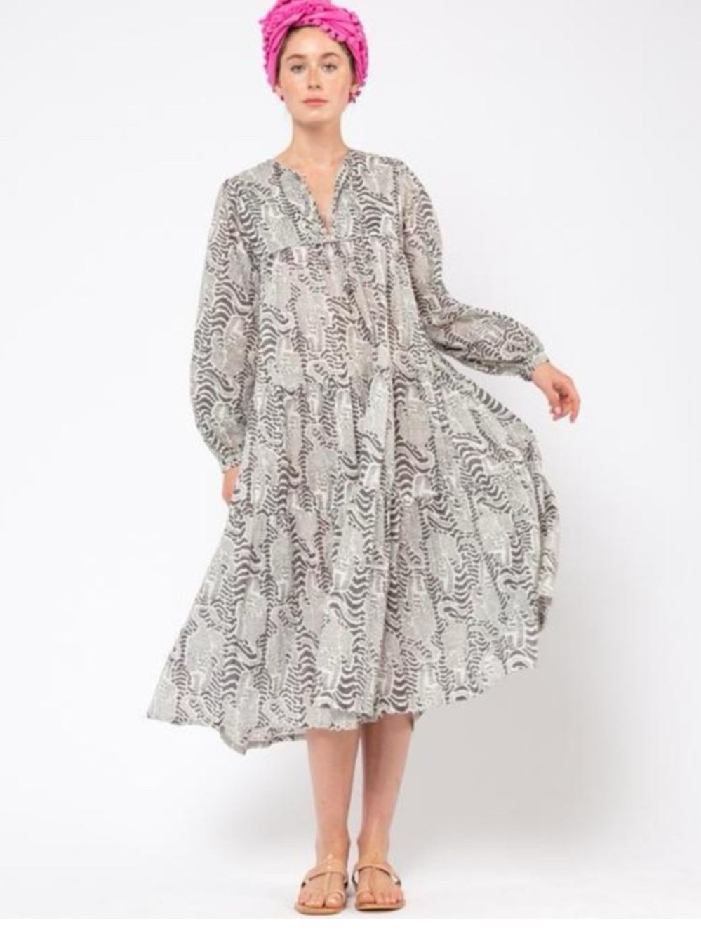 Matta NY Yamini Tiger Dress Printed Tiered Boho Tie Neck Medium
